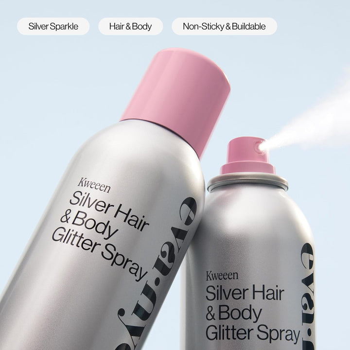 Eva NYC Kweeen Silver Hair and Body Glitter Spray - Our Original Ultra Shimmery Glitter, New Look - Adds Shine + Non-Sticky - Quick Drying Sparkle Spray - Warm Vanilla Scent - 4.9 Oz