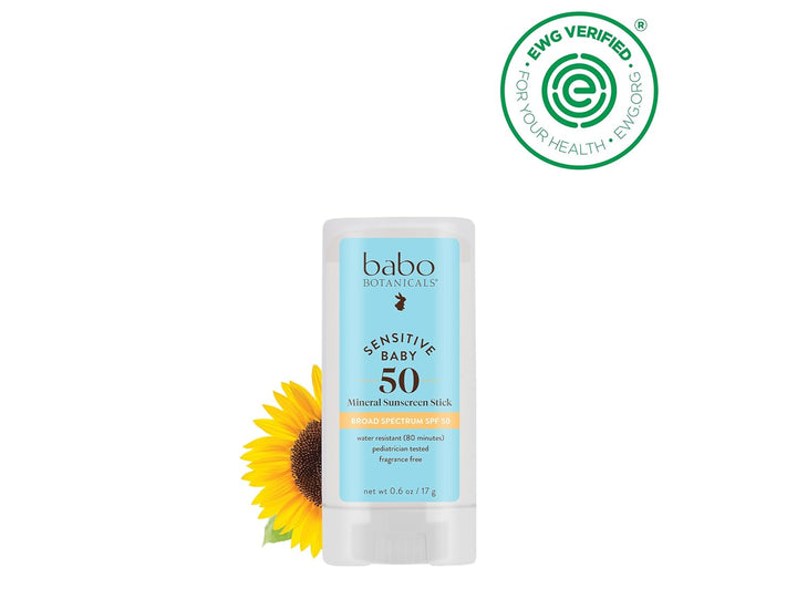 Babo Botanicals Sensitive Baby Mineral Sunscreen Stick SPF 50-70% Organic Ingredients - Zinc Oxide - NSF & Made Safe Certified - EWG Verified - Water Resistant - Fragrance-Free - for Babies & Kids