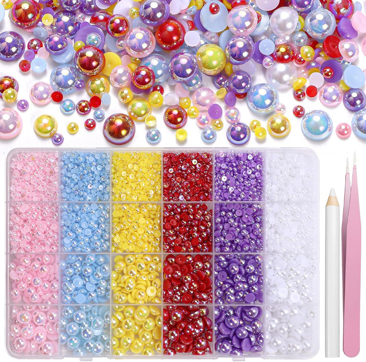 9000Pcs Flatback Pearls for Crafting, Silver Gold White Nail Half Pearls and Gems, 3-8Mm Color Pink Beige Purple Half round ABS Flatback Pearl Beads Bedazzling for Nails DIY Shoes Clothes Bags