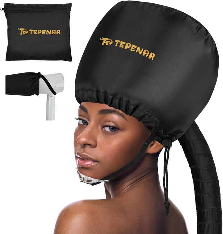 Hair Dryer Bonnet Attachment: Upgraded Extra Large Hooded Dryer Adjustable Hair Dryer Caps - Easy to Use for Natural Curly Textured Hair Care Styling Fast Drying - Black
