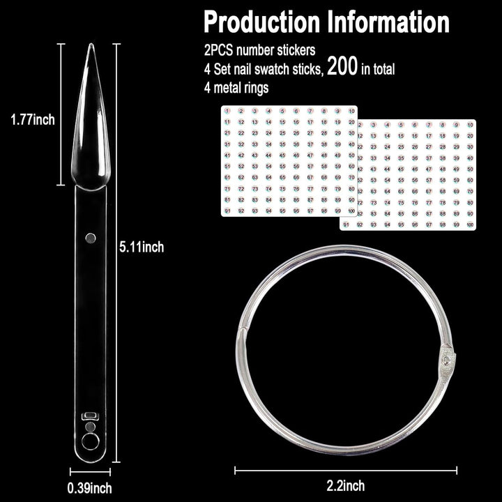 200 Pcs Clear & Natural Nail Swatch Sticks with Ring and Numbered Tips Pointed Shaped Nail Art Polish Display Tips, False Nail Sample Sticks, Sacks of Transparent Nail Practice for Manicure