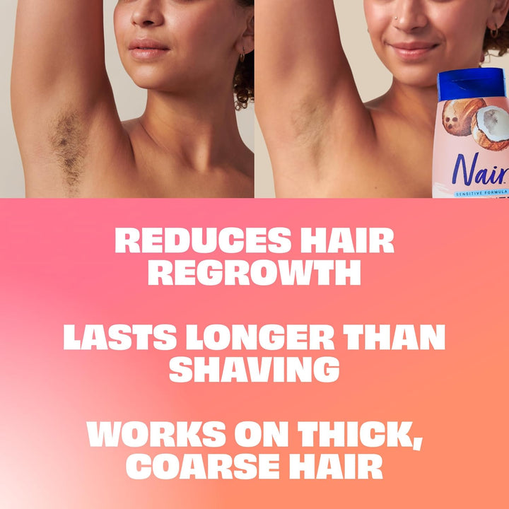 Sensitive Shower Cream Hair Remover with Natural Coconut Oil and Vitamin E, Body Hair Removal Cream, 12 Oz