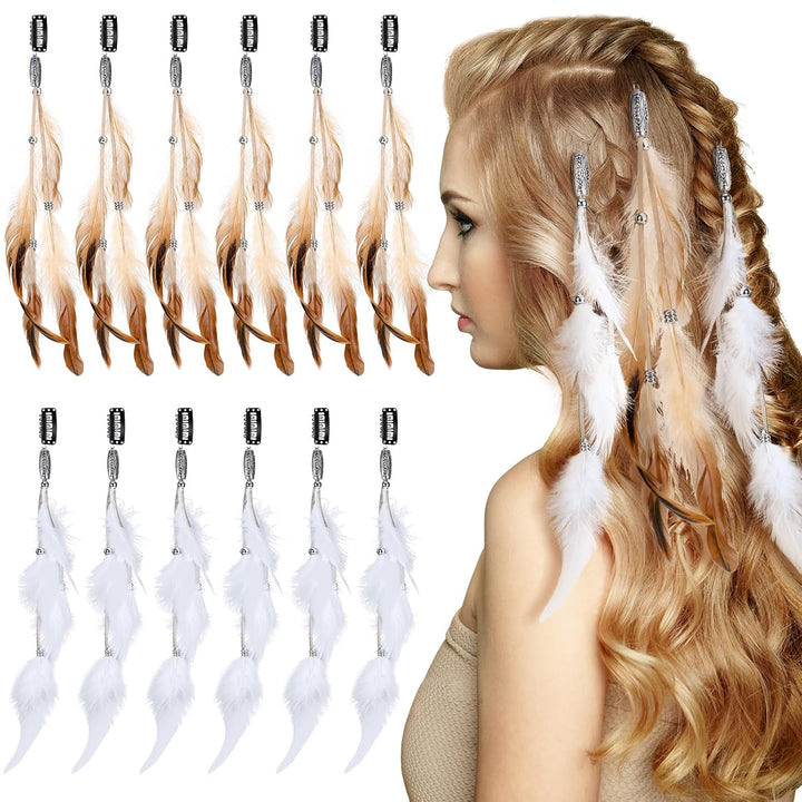 12 Pcs Clip in Hair Feathers Extensions for Women Colored Boho Feather Hair Clips Halloween Cosplay Costume Carnival Party Headdress Accessory Gifts(Brown, Black, Dark Coffee,Standard)