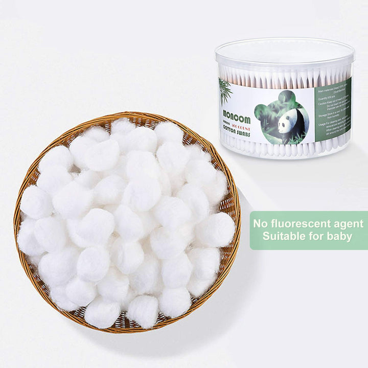 MONCOM Cotton Swabs 500 Count Double round Thick Tips | Biodegradable Eco-Friendly Strong Wooden Sticks Cotton Swabs for Ears | Firm Qtips Cotton Swabs | Natural Cotton Buds, 3 Inch, One Small Box
