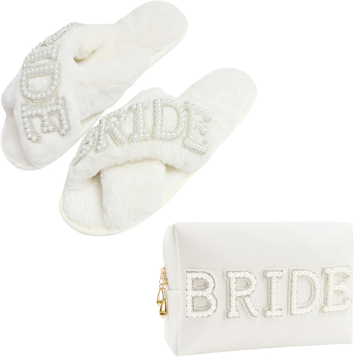 Bride Patch Letter Makeup Bag for Women Bridesmaid Engagement Gift for Her White Pearl Rhinestone Travel Toiletry Bag Make up Bag Pouch for Purse Bridal Shower Gifts for Engagement Wedding