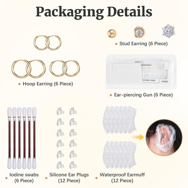 Disposable Ear Piercing Kit with 6 Piercing Guns, 3 Pairs of Earrings, Mark Pen, Iodophor Swabs, Cartilage Jewelry Studs & Accessories, Easy at Home Use (Gold)