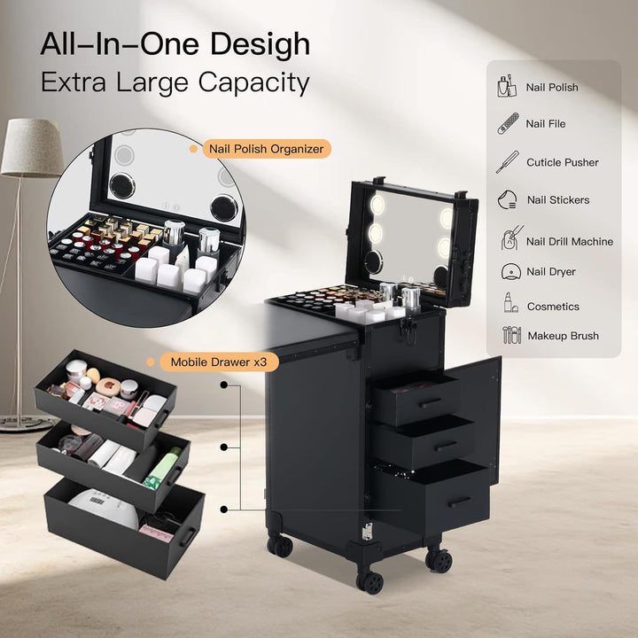 Rolling Portable Manicure Table with 3 Drawers, Lockable Makeup Train Case with Mirror & Nail Polish Organizer, Foldable Nail Desk with Wheels & Handle for Mobile Nail Techs & Salon Use, Black