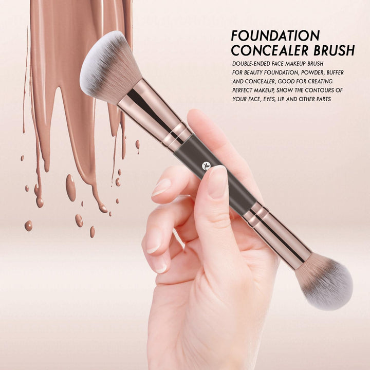 Foundation Makeup Brush, Double-Ended Angled/Round Top Contour Brush for Beauty Blending Liquid Powder, Concealer Cream Cosmetics Blush Makeup Brush (Brown)