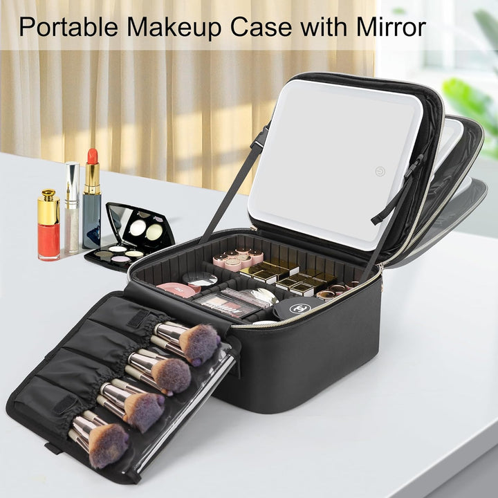 Travel Makeup Bag with LED Mirror, Cosmetic Train Case with Light up Mirror, Portable Makeup Artist Organizer Bag with Adjustable Dividers, Makeup Brush Holder Storage, Black