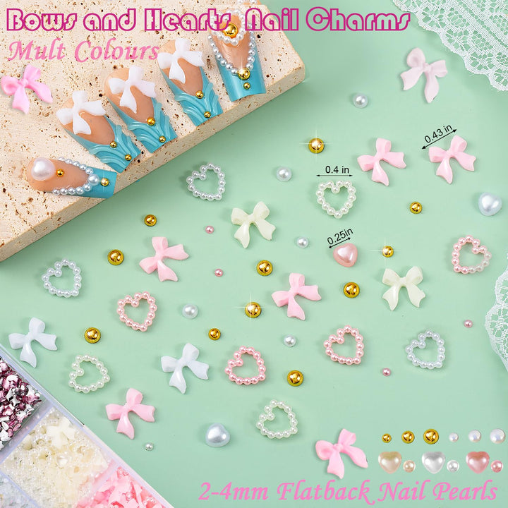 10000Pcs Nail Charms and Gems:Pink Cute Bow Heart 3D Flower Charms for Junk Cases Kit;Gold Chunky Butterfly Charms for Nails Design,Nail Jewels Diamond Rhinestones for Nails;Beads Pearls for Nails Art