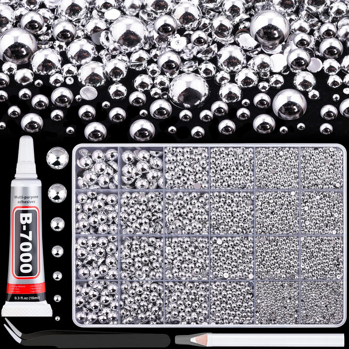 Nail Art Flat Back Half round Pearl Kits 3, Mixed Sizes 6000 Pcs White Small Pearls for Nails with Picking Tools for Graduation Cap Decorations Home DIY Body Face Craft Salon Use