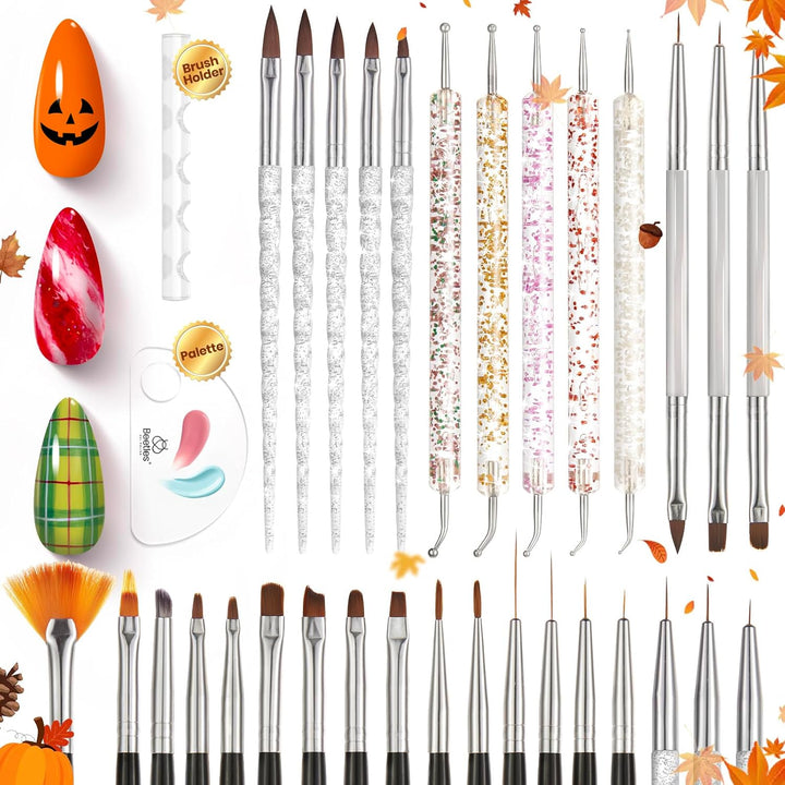Beetles 31Pcs Nail Art Brushes, Dotting Tools, Nail Art Pens, Dust Brush, Striping Liner Fingernail Drawing Pens with Palette Holder All in One for Starter Manicure Design Set