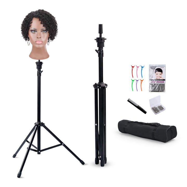 Reinforced Wig Stand Tripod Mannequin Head Stand, Adjustable Holder for Cosmetology Hairdressing Training with T-With Caps, T-Pins, Comb, Hair Clip, Carrying Bag