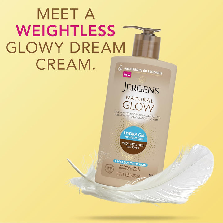 Natural Glow Hydra Gel Moisturizer, Hyaluronic Acid Tanning Lotion, Hydrating Tanning Gel, Fragrance-Free Self Tanner, Medium to Deep Skin Tones 8.3 Oz
