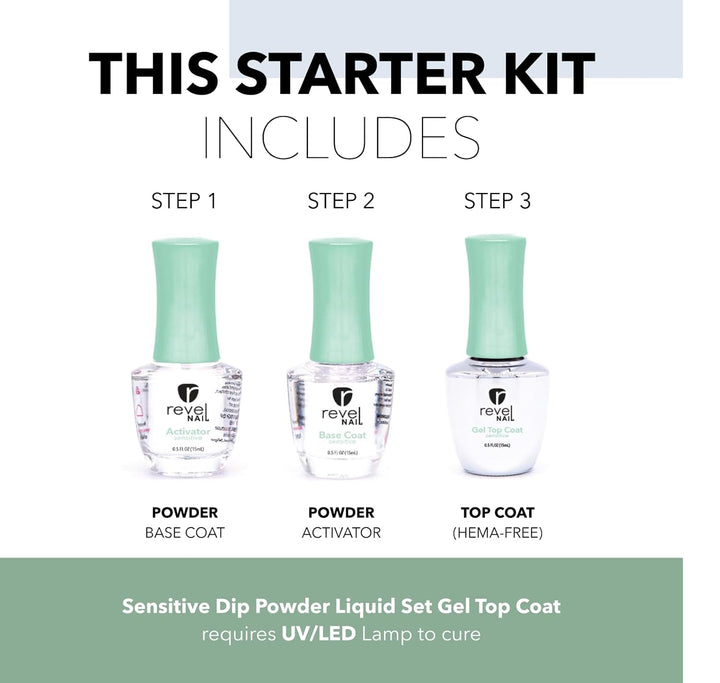 Sensitive Dip Powder Liquid Set - Base Coat, Activator, Gel Top Coat, Hema Free, Suitable for Sensitive Nails