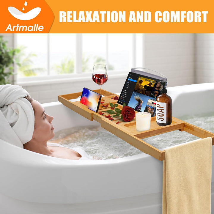 Luxury Bathtub Caddy Tray for Tub - Foldable Bamboo Bath Table Tray with Book and Wine Glass Holder, Expandable Bathroom Accessories for Spa or Reading Lite Style