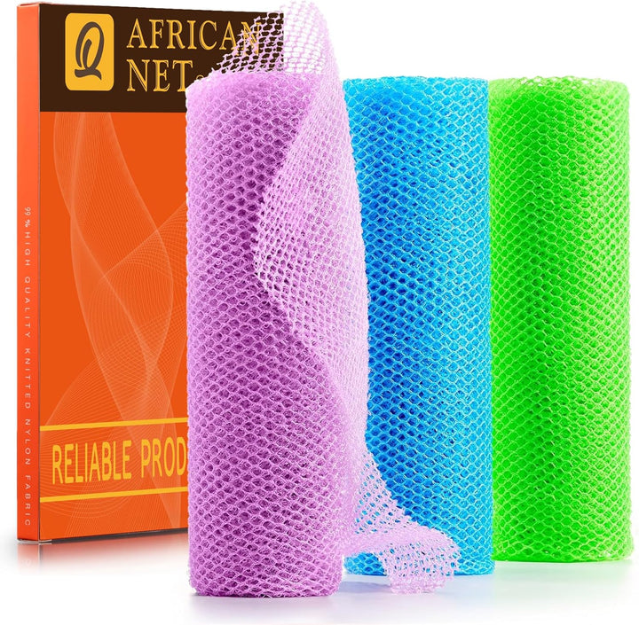 3 Pieces African Bath Sponge African Net Long Net Bath Sponge Exfoliating Shower Body Scrubber Back Scrubber Skin Smoother,Great for Daily Use (Pink,Yellow,Purple)