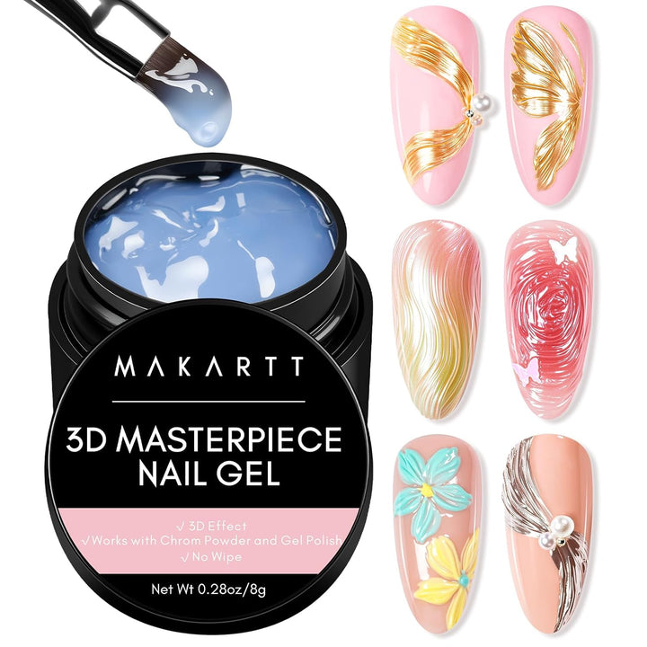 3D Gel Nail Art: Clear 3D Painting Gels for Chrome Powder, 3D Sculpting No Wipe for Gel Nail Polish, 3D Carving Drawing Gels for Nails Art at Home & Salon DIY 0.28 Fl.Oz