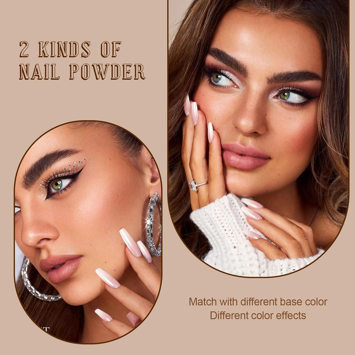 2 Jars Chrome Nail Powder White and Gold Pearl,Iridescent Aurora Powder Metallic Mirror Effect Pigment Pearlescent Mermaid Pearl Glitter Dust Kit (White and Gold)