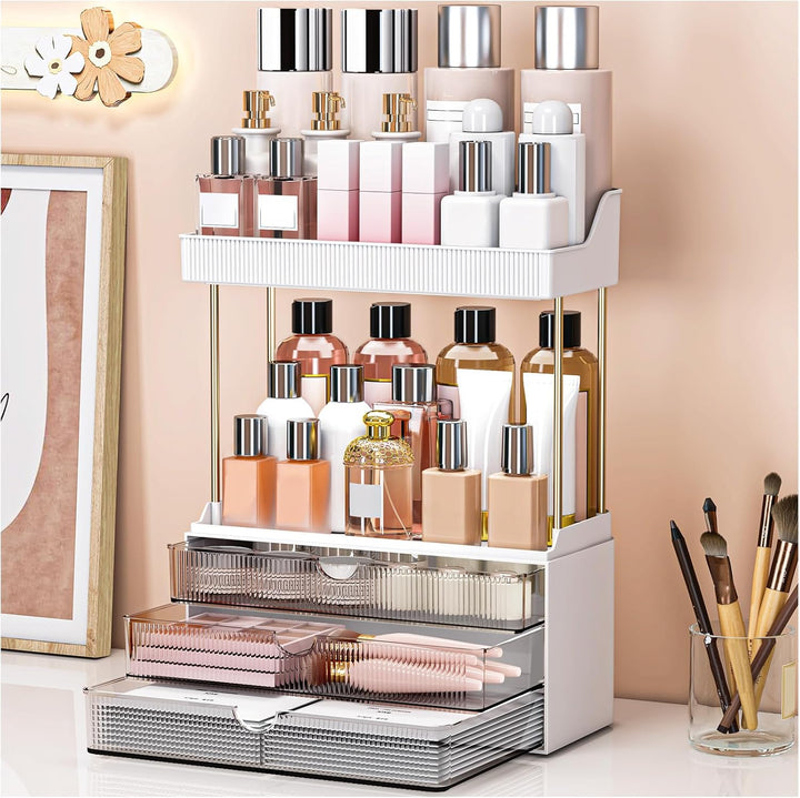 5 Tiers Bathroom Counter Organizer - 3 Drawers Makeup Organizer, Cosmetic Storage Drawer for Dresser Countertop and Bathroom Vanity for Large Skincare, Perfume, Clear