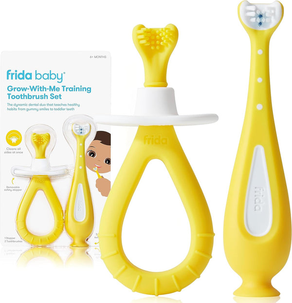 Grow-With-Me Baby Toothbrush Training Set | Infant to Toddler Toothbrush 0-12 Months, Cleans All Sides at Once, Oral Care for Sensitive Gums | Yellow