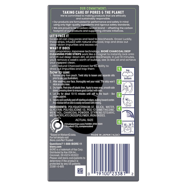 Biore Charcoal Deep Cleansing Pore Strips, Nose Strips for Blackhead Removal on Oily Skin, Features C-Bond Technology with Instant Pore Unclogging, 18 Count