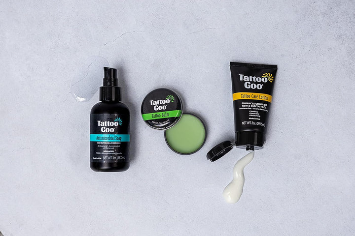 Aftercare Kit Includes Antimicrobial Soap, Balm, and Lotion, Tattoo Care for Color Enhancement + Quick Healing - Cruelty-Free, Petroleum-Free, Tattoo Artist Gifts (3 Piece Set)