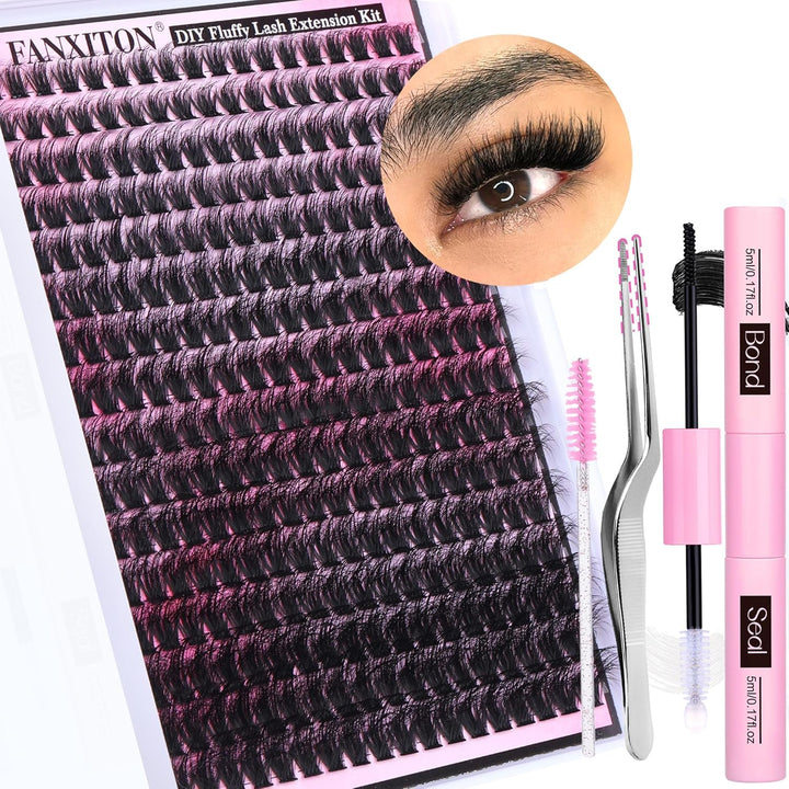 DIY Lash Extension Kit Volume Lash Clusters 40D+50D D Curvature Individual Lashes Lash Clusters Kit Thick Eyelash Extension Kit 280 Pcs Thin Band Cluster Lashes Lash Bond and Seal Tweezers