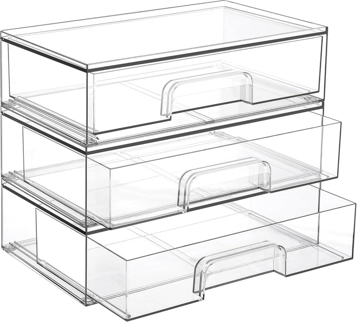 12.1''W Clear Stackable Storage Drawers,2 Pack Acrylic Plastic Organizers Bins for Makeup Palettes, Cosmetics, and Beauty Supplies,Ideal for Vanity, Bathroom,Cabinet,Desk Organization