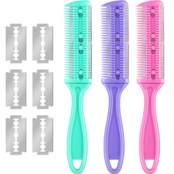 3 Pieces Hair Cutting Comb Set with 10 Razors, Double Edge Razor, Thinning Comb for Slim Haircuts (Green, Purple, Pink)