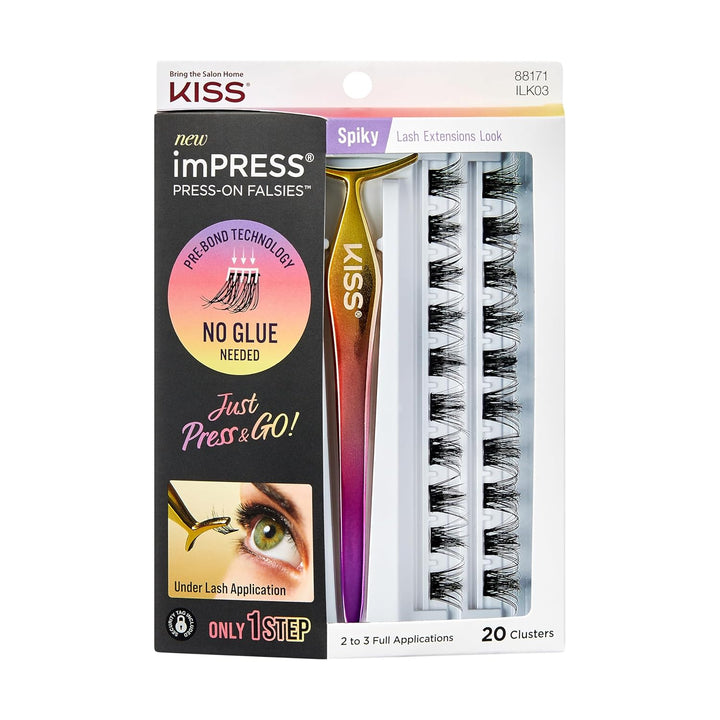 KISS  Falsies Press on Self Adhesive Eyelashes, 12Mm-14Mm Natural Volume Press on Lashes, Black, No Glue Needed, Invisible Band, 20 Lash Clusters & Non-Stick Applicator - Natural