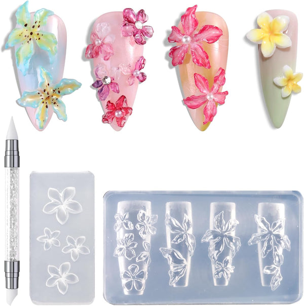 Silicone Nail Molds, 2PCS Reusable Clear 3D Flowers Nail Art Molds with Carving Pen Cherry Blossom Plumeria Hibiscus Flower Nail Design Manicure Template DIY Charms Resin Craft Accessories