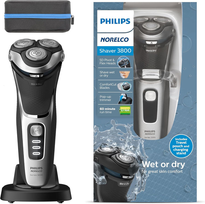 Shaver 3900 Series, Wet and Dry Electric Shaver, P-Cap, Travel Pouch, Charging Stand, Storm Blue, Model S3341/92