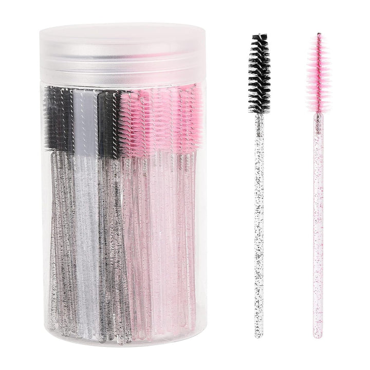 100 Pcs Disposable Mascara Wands, Crystal Eyebrow Spoolies Brush for Eyelash Extensions, Pink Lash Brushes with Container