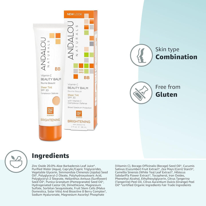 Vitamin C BB Beauty Balm Sheer Tint SPF 30 - 2-In-1 BB Cream & Mineral Sunscreen for Face - with Non-Nano Zinc Oxide Skin Protection - 2 Fl Oz