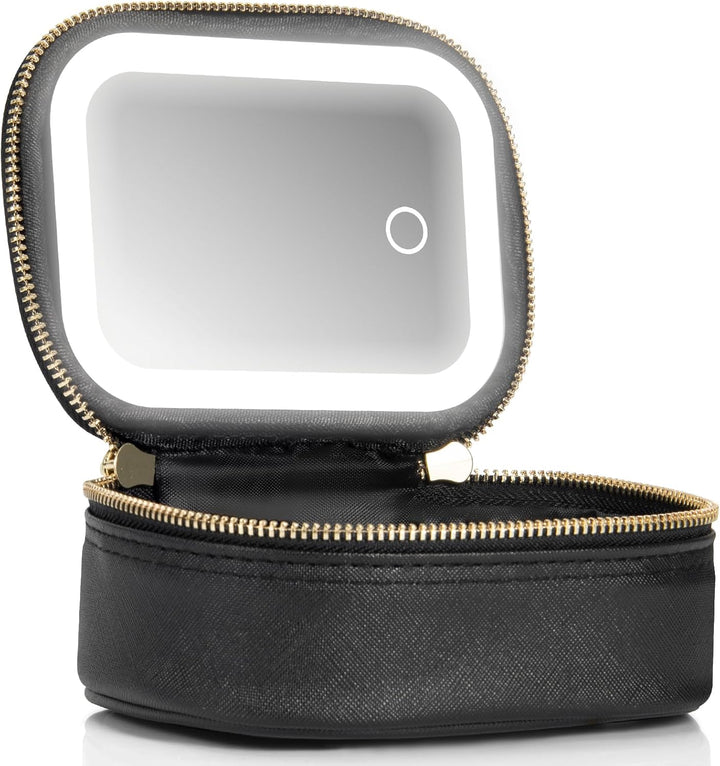 Small Makeup Bag with Led Mirror, Mini Travel Make up Bag 3 Light Modes Adjustable Brightness, for Women Organizer Cosmetic Bag, Portable Travel Train Toiletry Bag, for Pool Parties Work Touch-Ups