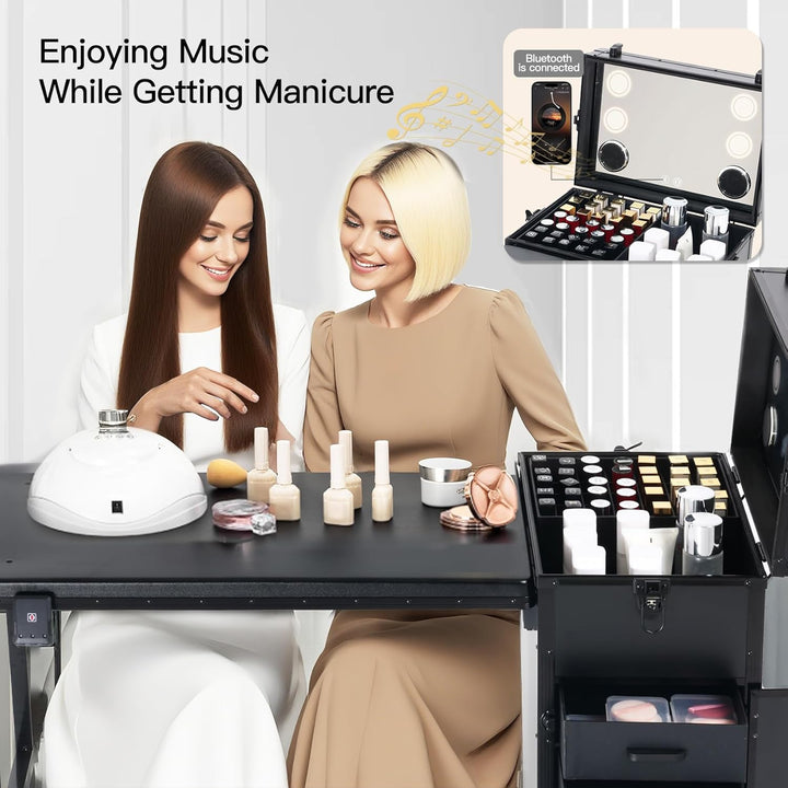 Rolling Portable Manicure Table with 3 Drawers, Lockable Makeup Train Case with Mirror & Nail Polish Organizer, Foldable Nail Desk with Wheels & Handle for Mobile Nail Techs & Salon Use, Black