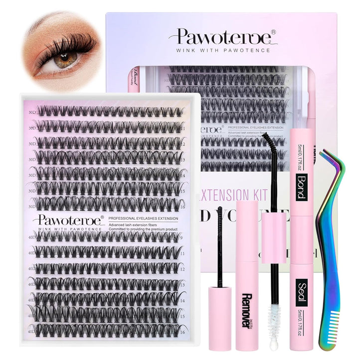 Lash Extension Kit DIY 280Pcs Lash Clusters Eyelash Extension Kit, 9-16Mm 30D 40D Individual Lashes Kit with Lash Bond and Seal, Lash Tweezers for Self Use (30D&40D, 0.07D, 9-16Mm, Kit)