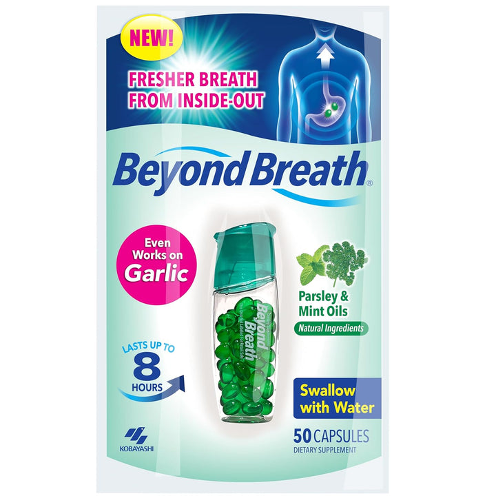 Breath Freshening Capsules, Fresher Breath from Inside-Out, Even Works on Bad Breath from Garlic, Lasts up to 8 Hours, 50 Capsules