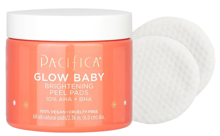Glow Baby Brightening Peel Pads 10% AHA + BHA Exfoliating Face Pads for Glowing Skin Resurfacing Glycolic Acid & Salicylic Acid Pad to Smooth Texture & Minimize Pores Fragrance Free 60 Count