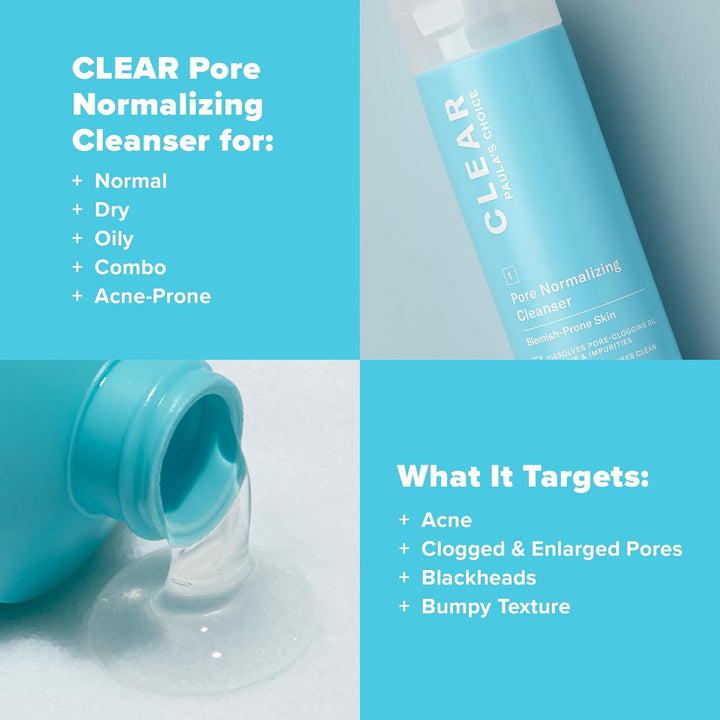 CLEAR Pore Normalizing Facial Cleanser, Acne Daily Face Wash, Salicylic Acid Face Cleanser for Clogged & Enlarged Pores, Redness & Blackheads, Fragrance Free