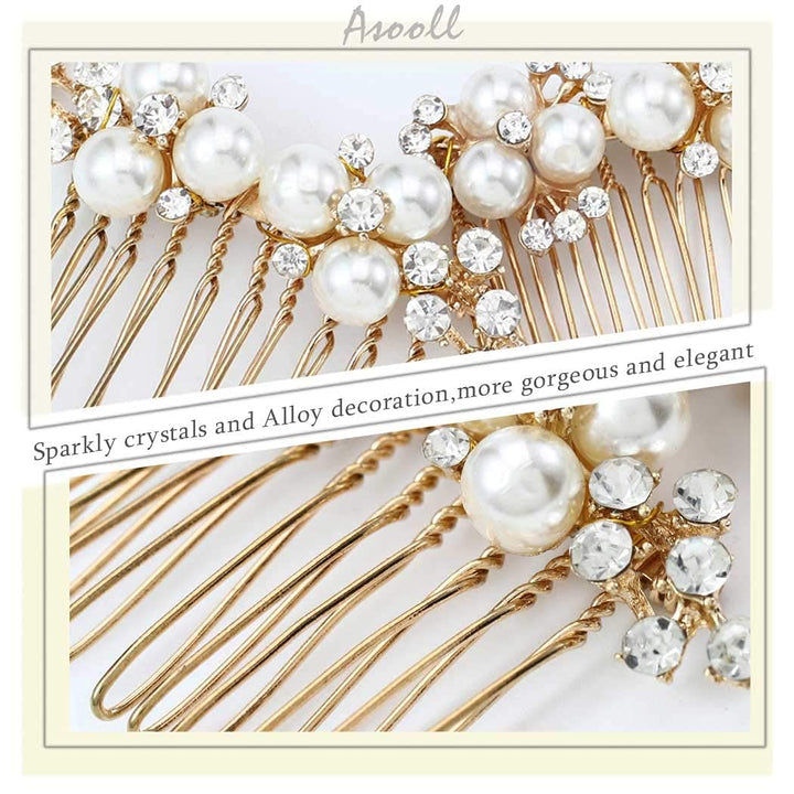 Gold Wedding Pearl Hair Comb Bride Crystal Hairpiece Bridal Rhinestone Hair Clip Hair Accessories for Women (Set of 2) (A-Gold)