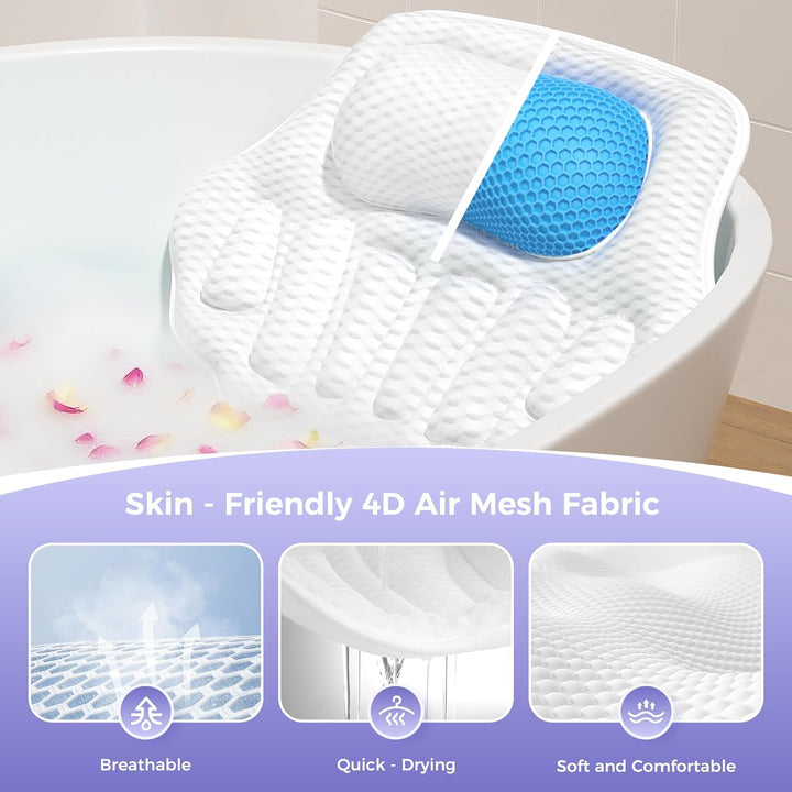 Bath Pillows for Tub, Ergonomic Bathtub Pillow for Head & Neck Relaxation, 4D Air Mesh Bath Cushion with 6 Non-Slip Suction Cups, Fits All Bathtubs (White)