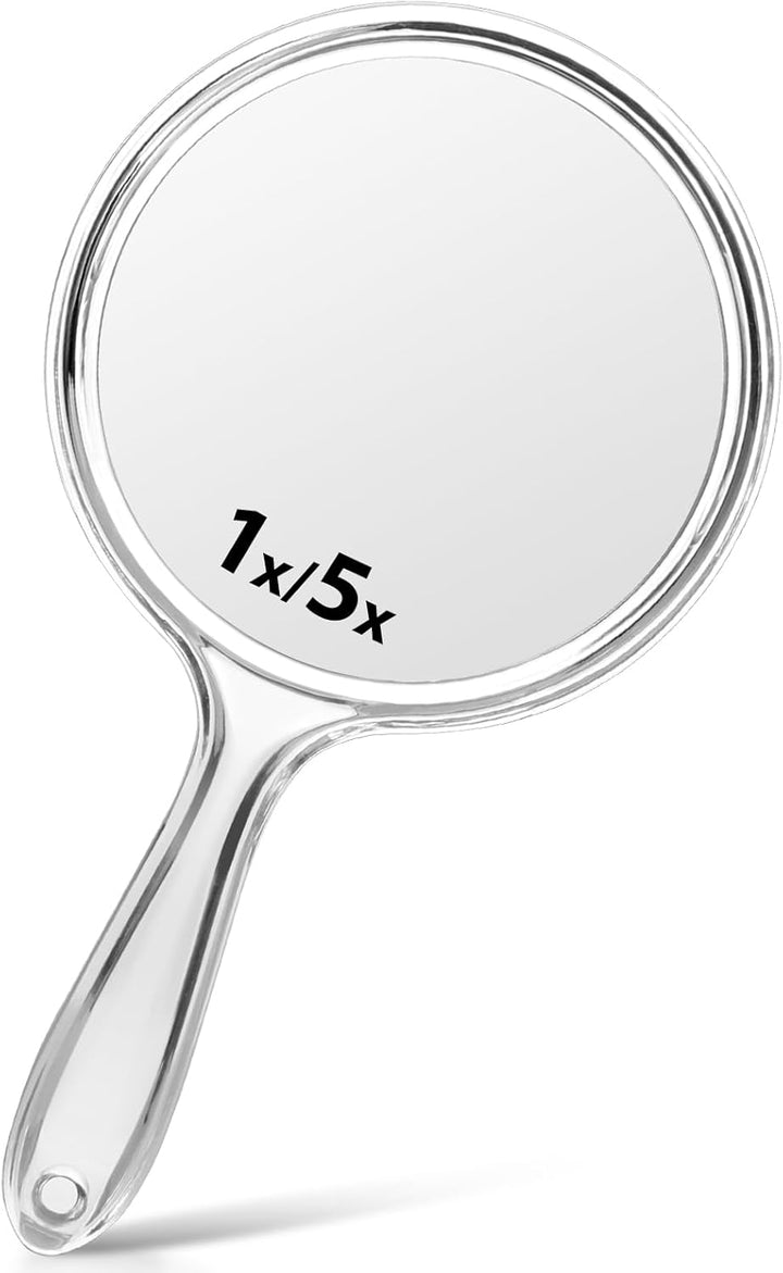 Hand Mirror, Double-Sided 1X/5X Magnifying Mirror with Handle, Acrylic, 8.3" L X 4.5" W, Clear, Pack of 1