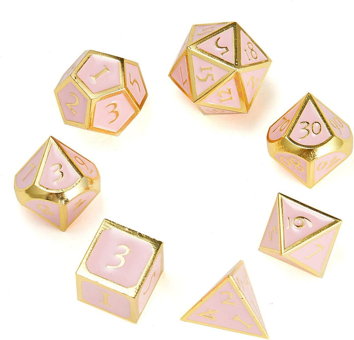 Polyhedral Metal Game Dice Cream Pink with Gold Trims 7Pc Set for Dungeons and Dragons RPG MTG Table Games D&D Pathfinder Shadowrun and Math Teaching