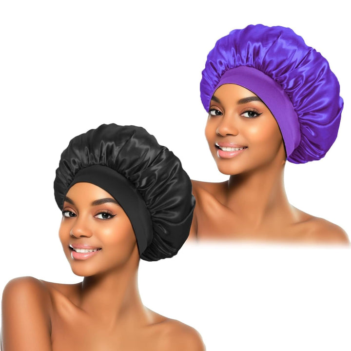 2Pcs Silk Bonnet for Sleeping, Satin Hair Bonnets, Soft Elastic Band Silk Sleep Cap, Hair Wrap for Women (Black Gold)