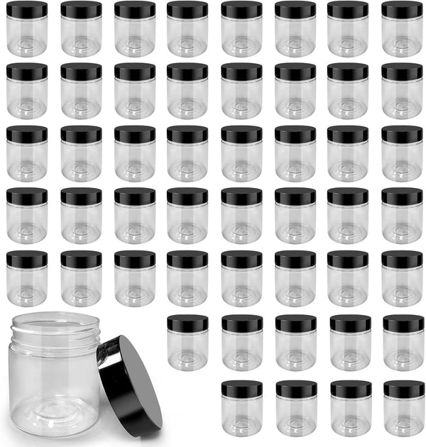 50 Pack 4 Oz Clear Plastic Jars with Lids - Small/Mini Containers for Slime, Ointments，Creams, Samples, Eyeshadow, Travel Storage， Makeup, Lotion, and Body Butter.