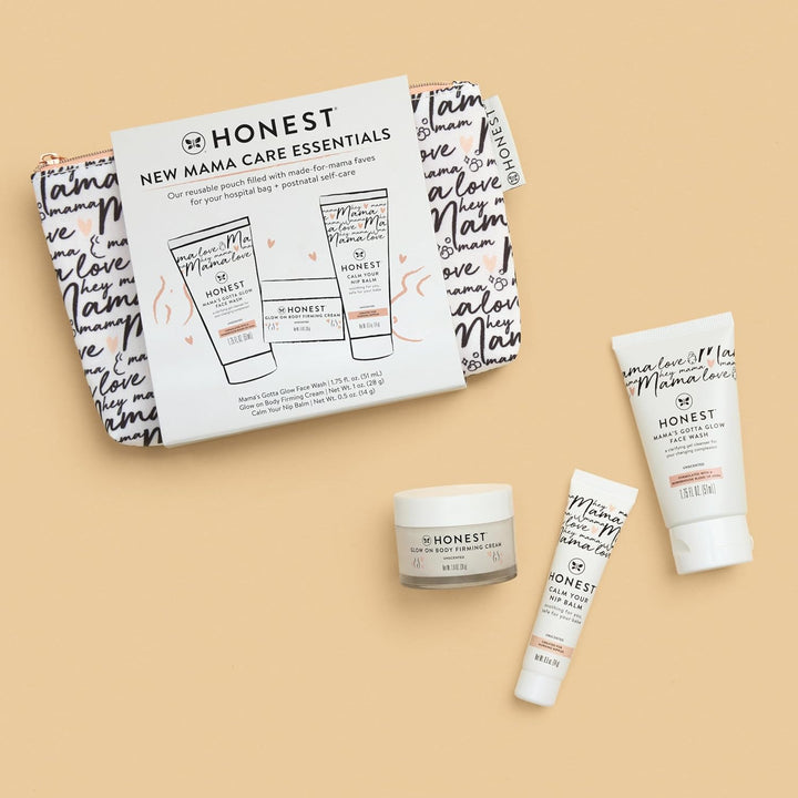 New Mama Care Essentials Gift Set | Hospital Bag Must Haves | Travel Size Nip Balm (0.5 Oz), Glow on Body Cream (1 Oz), Gotta Glow Face Wash (1.75 Fl Oz), Reusable Pouch