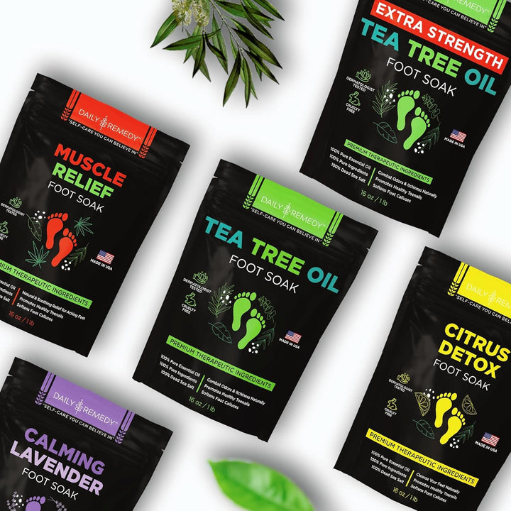 Foot Soak Salts- Variety Pack of 4- Tea Tree Oil, Muscle Relief, Calming Lavender & Citrus Soak- for Foot Pain, Soreness, Athlete’S Foot, Odors, Calluses-Made in USA