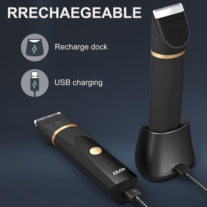 Electric Body Hair Trimmer - Groin Trimmer for Men - Bikini Trimmer Women - Wet/Dry Shaver Groomer, Replaceable Ceramic Blade Heads, USB Recharge Dock, Waterproof Hygiene Razor,Black